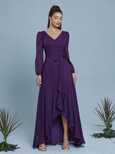 V-Neck Waistband Ruffle Hem Chiffon Bridesmaid Dress